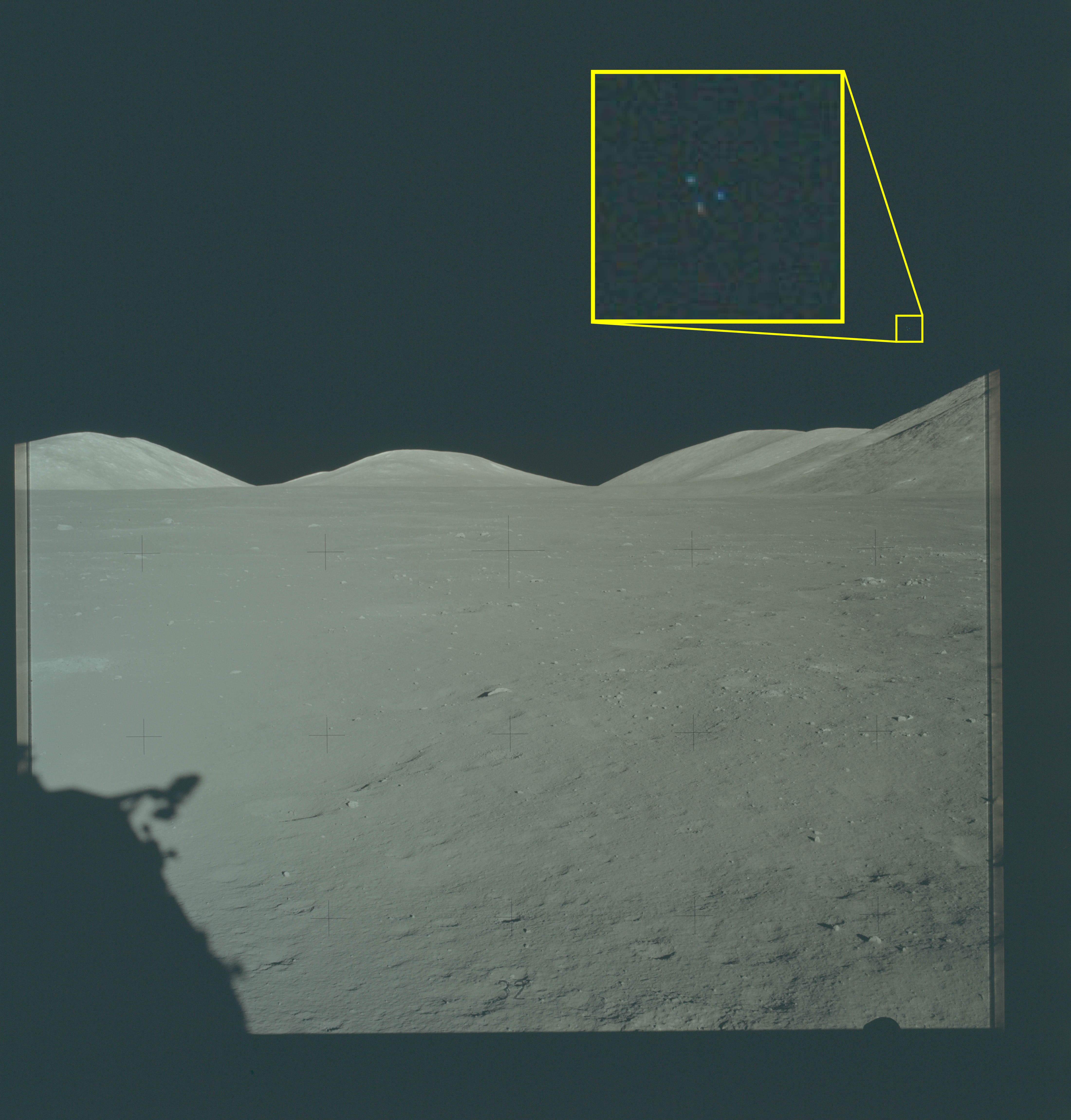 NASA-UAP-VM6 — three dots in triangular formation in the lunar sky, Apollo 17 (December 1972). First public release.